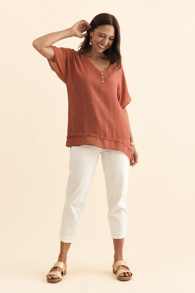 Alison Rust Layered Button Top,Brunette model,alt text|model:Cara image 7