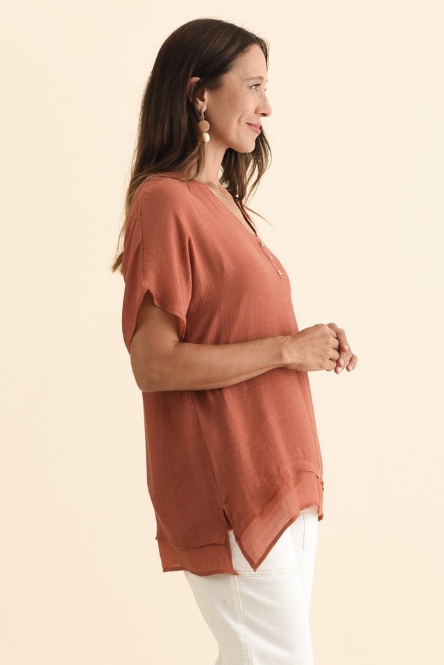 Alison Rust Layered Button Top,Brunette model,alt text|model:Cara image 4