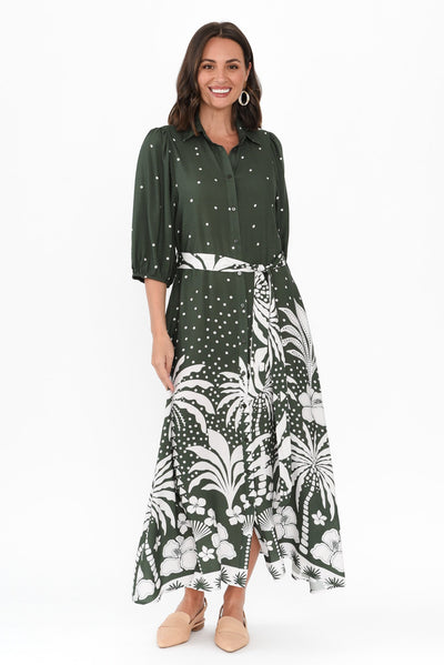 Alivia Khaki Tropical Shirt Dress