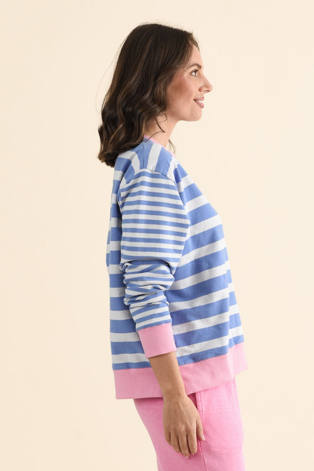 All Sorts Blue Stripe Crewneck Sweatshirt,brunette model,Side of Outfit,alt text|model:MJ image 3