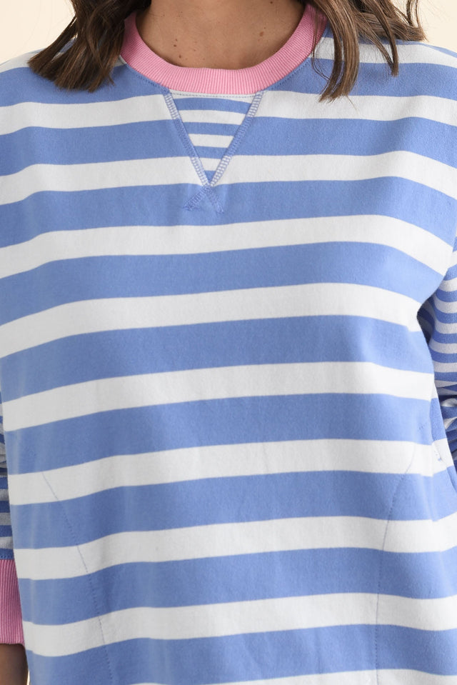 All Sorts Blue Stripe Crewneck Sweatshirt,brunette model,Close up of outfit,alt text|model:MJ image 5