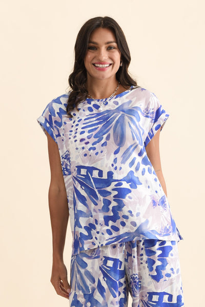 Alta Cobalt Abstract Linen Cotton Top