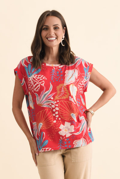 Alta Red Foliage Linen Cotton Top