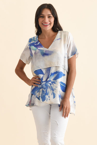 Alvina Blue Flower Layered Tunic Top