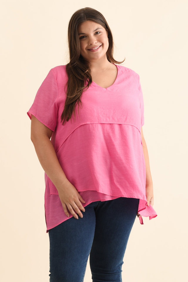 Alvina Candy Pink Layered Tunic Top,Brunette model,plus-size,curve-tops,plus-size-tunics,plus-size-cotton-tops,alt text|model:Gabby image 10