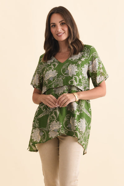 Alvina Green Floral Layered Tunic Top