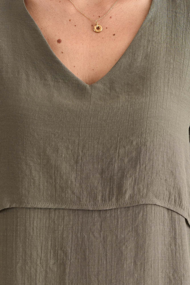 Alvina Khaki Layered Tunic Top,Full Body,Brunette model,alt text|model:MJ image 8