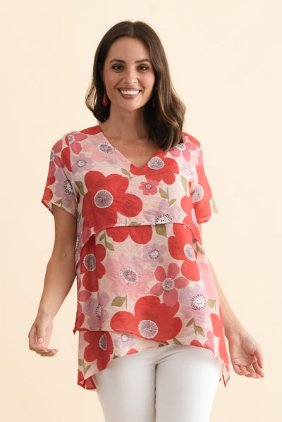 Alvina Red Poppy Layered Tunic Top