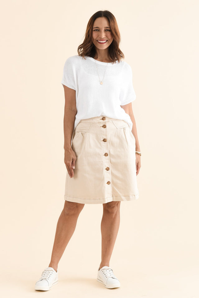 Amanda Ivory Stretch Denim Skirt,Full Body,Brunette model,alt text|model:Cara image 7