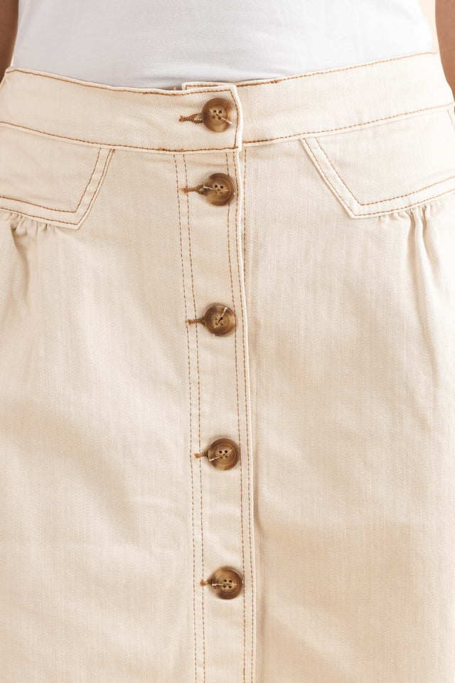 Amanda Ivory Stretch Denim Skirt,Detail,Brunette model,alt text|model:Cara image 6