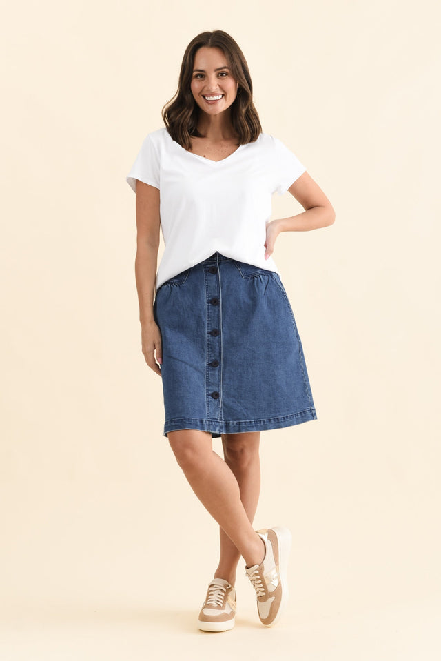 Amanda Light Blue Stretch Denim Skirt,Full Body,Brunette model,alt text|model:MJ image 6
