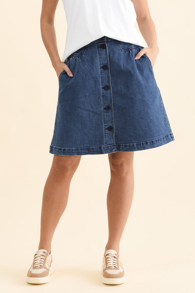 Amanda Light Blue Stretch Denim Skirt,Front,Brunette model,alt text|model:MJ image 1