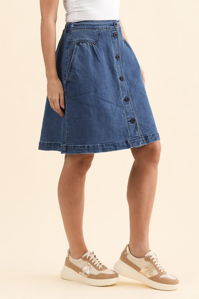 Amanda Light Blue Stretch Denim Skirt,Side,Brunette model,alt text|model:MJ image 3