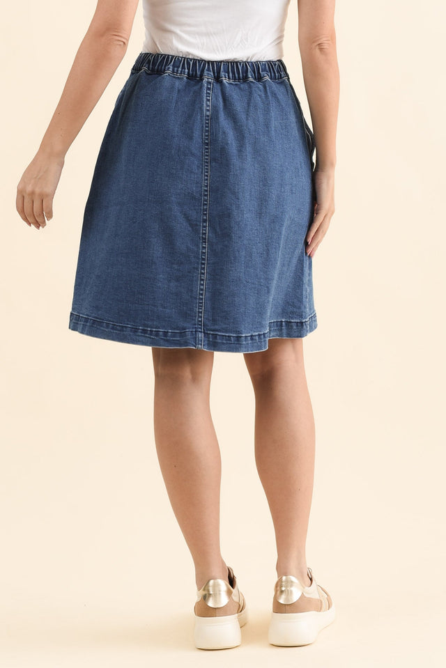 Amanda Light Blue Stretch Denim Skirt,Back,Brunette model,alt text|model:MJ image 4