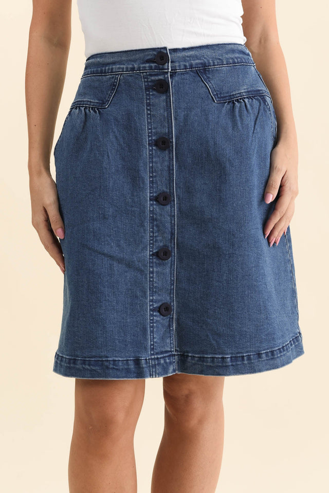 Amanda Light Blue Stretch Denim Skirt,Detail,Brunette model,alt text|model:MJ image 5