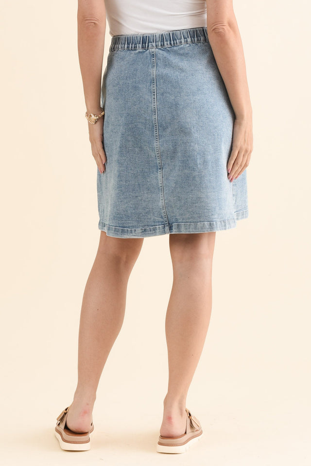 Amanda Vintage Blue Stretch Denim Skirt,Back,Brunette model,alt text|model:MJ image 5