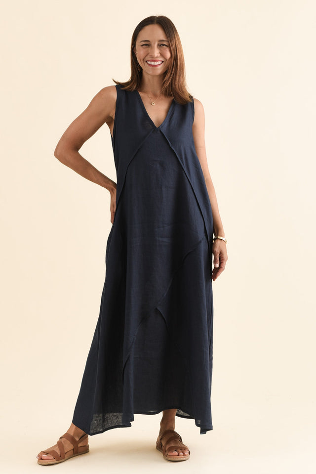 Amari Navy Linen Pocket Dress,Front,Brunette model,alt text|model:Cara