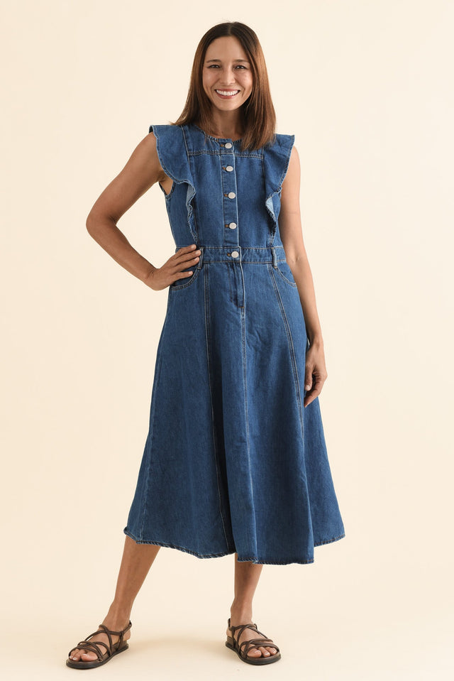 Amity Blue Denim Frill Sleeve Dress,Full Body,Brunette model,alt text|model:Cara image 2