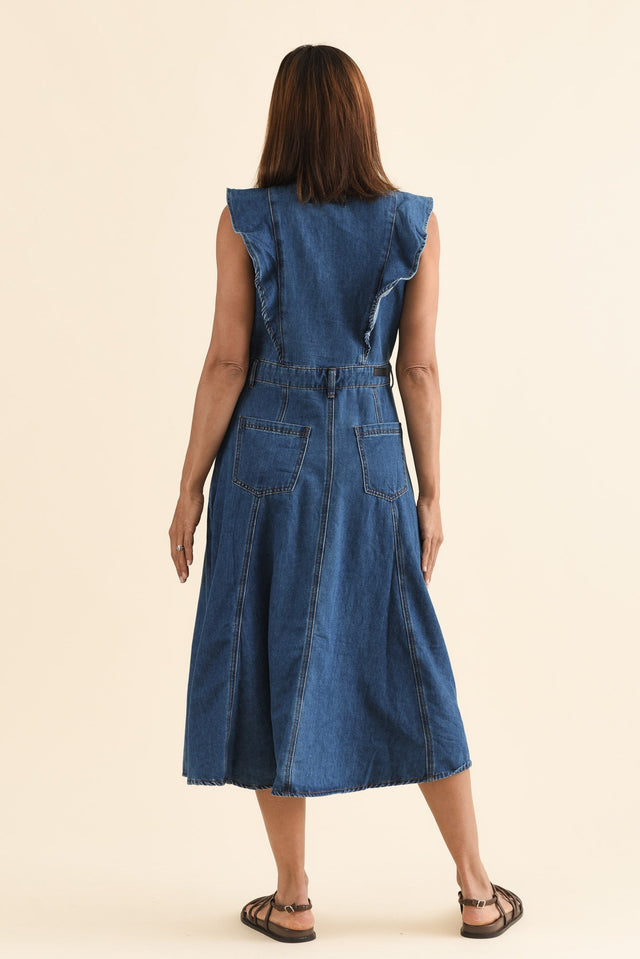 Amity Blue Denim Frill Sleeve Dress,Back,Brunette model,alt text|model:Cara image 4