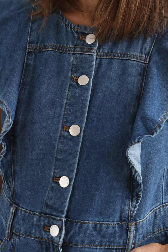 Amity Blue Denim Frill Sleeve Dress,Detail,Brunette model,alt text|model:Cara image 5
