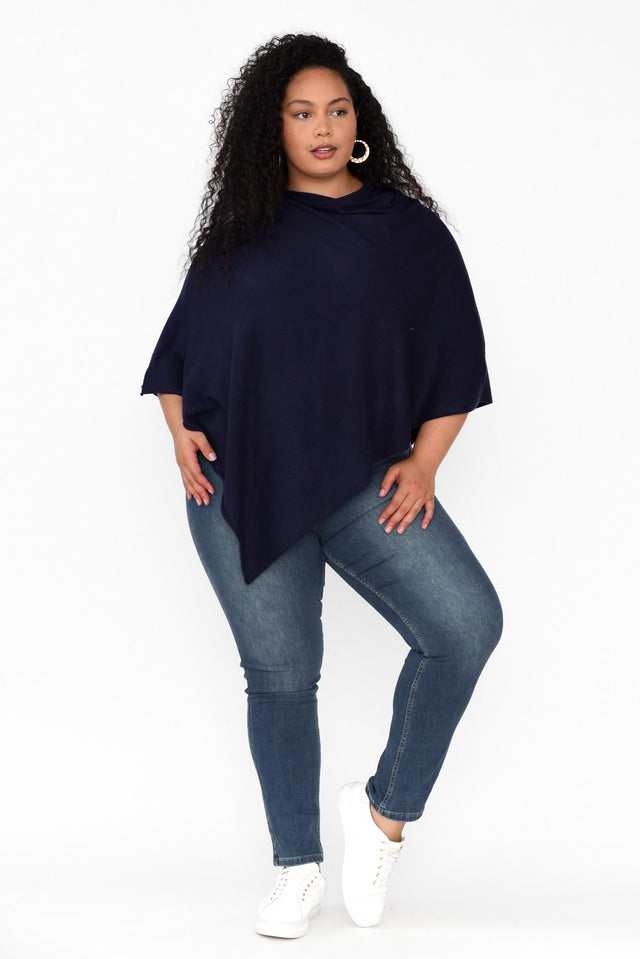 Amy Midnight Blue Wool Blend Poncho,Brunette model,alt text|model:Maiana image 9