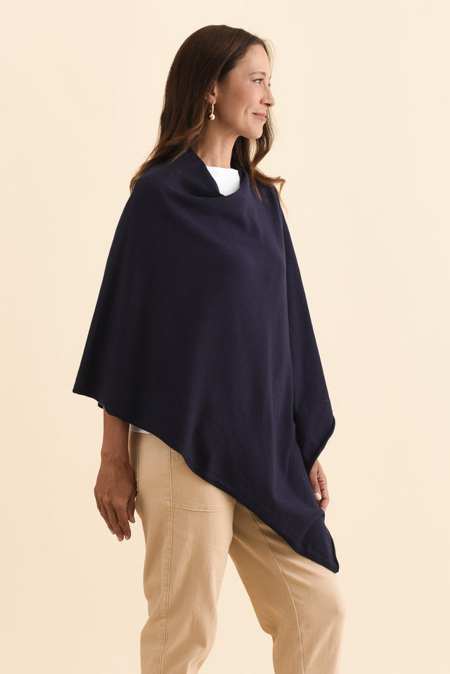 Amy Midnight Blue Wool Blend Poncho,Brunette model,alt text|model:Cara image 3