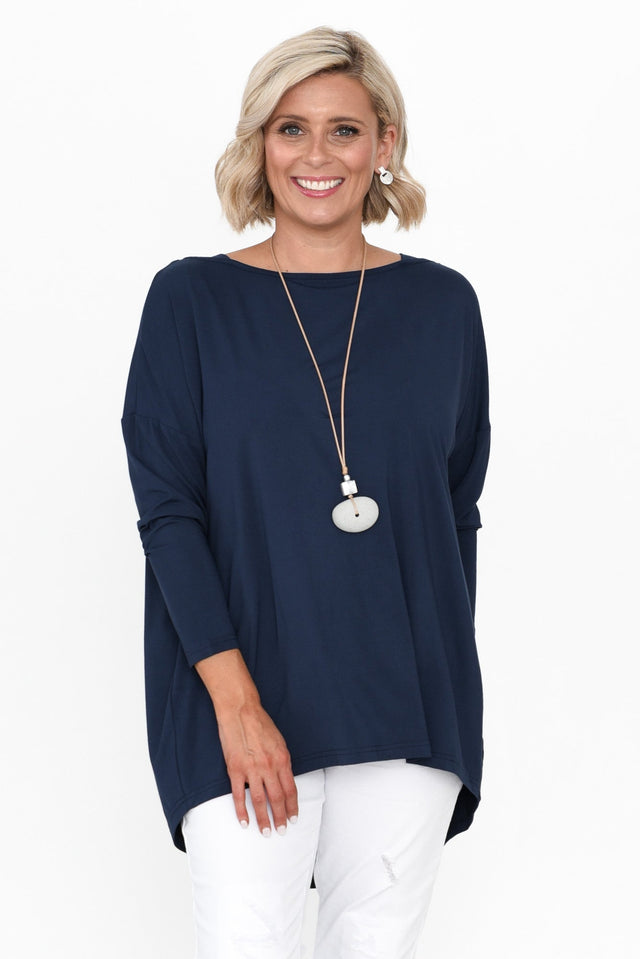 Anakin Navy Hi Lo Bamboo Top neckline_Boat alt text|model:Brooke