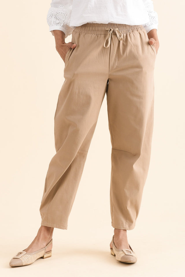 Andy Beige Cotton Barrel Pants,Front,Brunette model,alt text|model:Cara