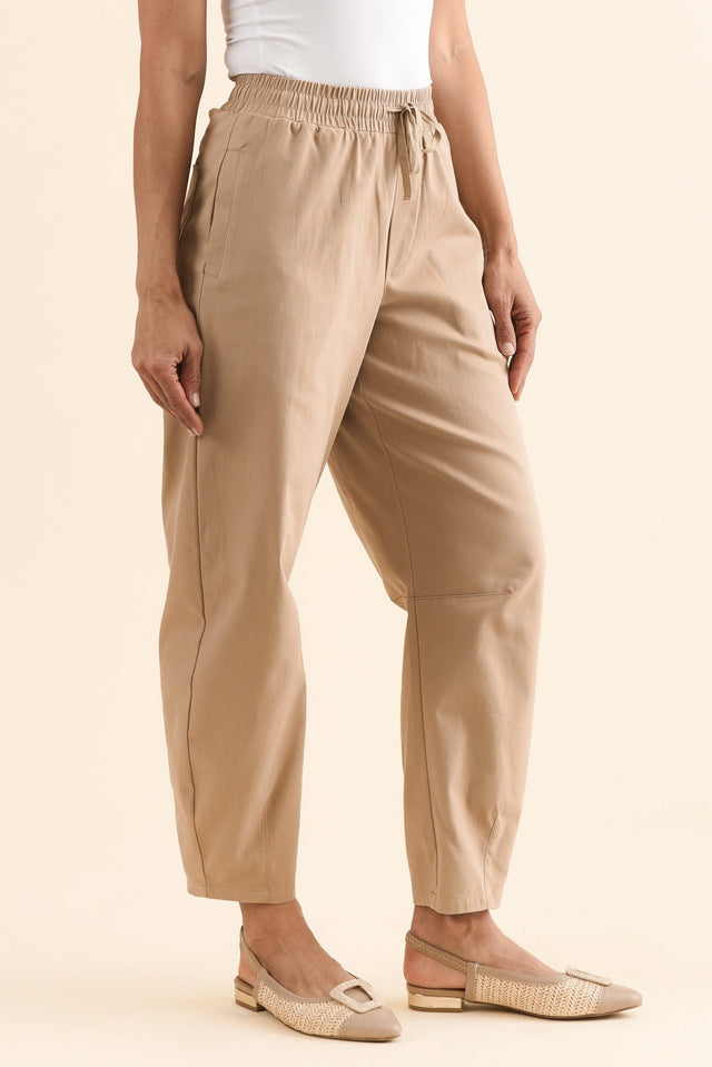 Andy Beige Cotton Barrel Pants,Side,Brunette model,alt text|model:Cara image 5