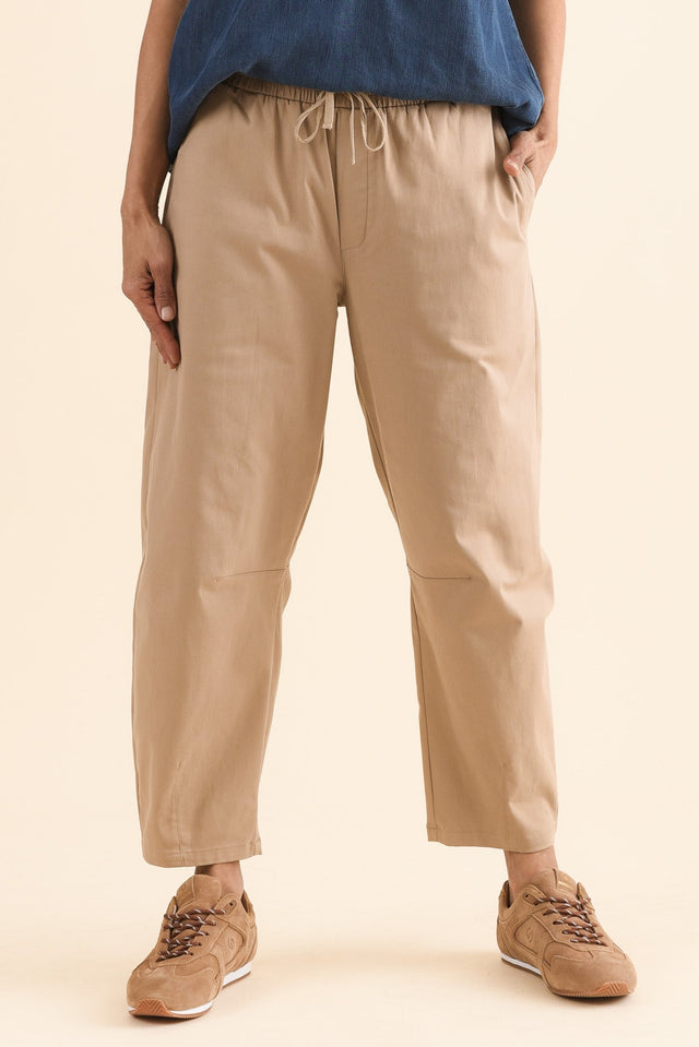 Andy Beige Cotton Cropped Barrel Pants,Front,Brunette model,alt text|model:Cara image 2
