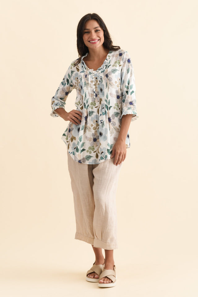 Angelo Blue Floral Cotton Button Top,Brunette model,alt text|model:Brontie image 7