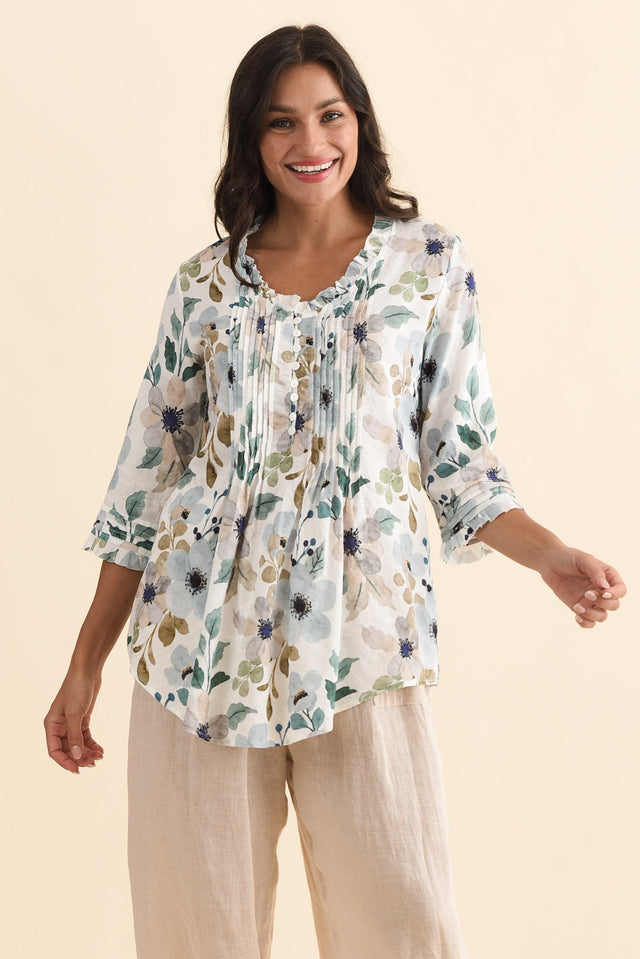 Angelo Blue Floral Cotton Button Top,Brunette model,alt text|model:Brontie