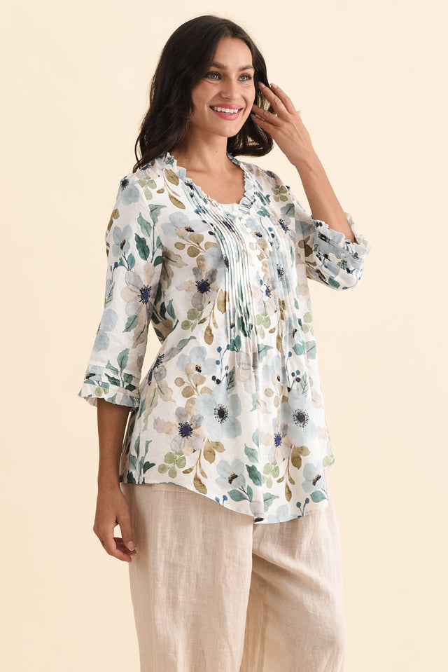 Angelo Blue Floral Cotton Button Top,Brunette model,alt text|model:Brontie image 4
