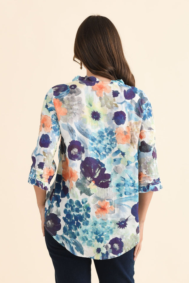 Angelo Blue Flower Cotton Button Top,Back,Brunette model,alt text|model:MJ image 4