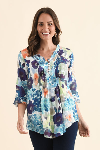 Angelo Blue Flower Cotton Button Top