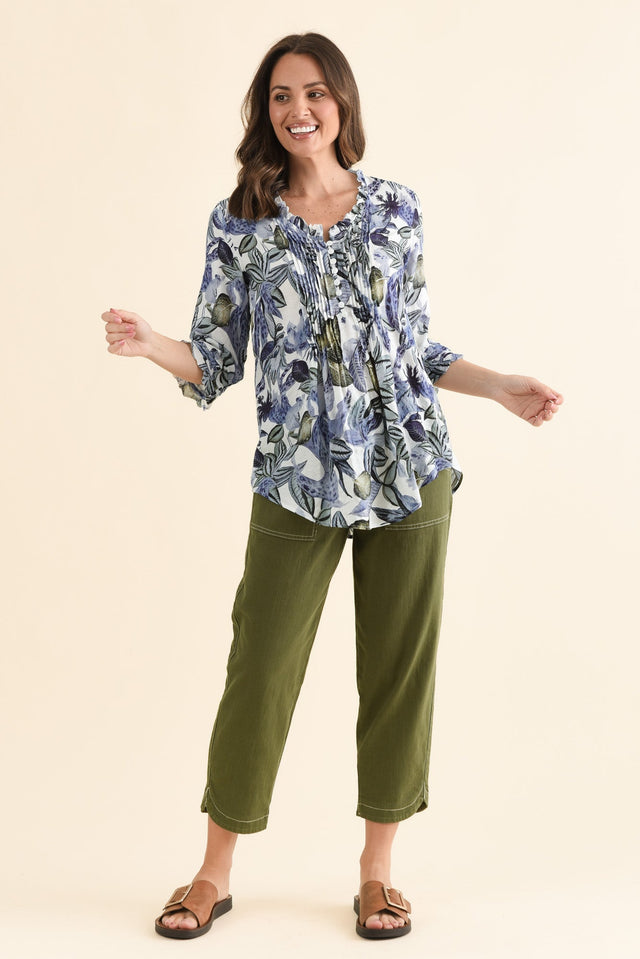 Angelo Blue Leaf Cotton Button Top,Full Body,Brunette model,alt text|model:MJ