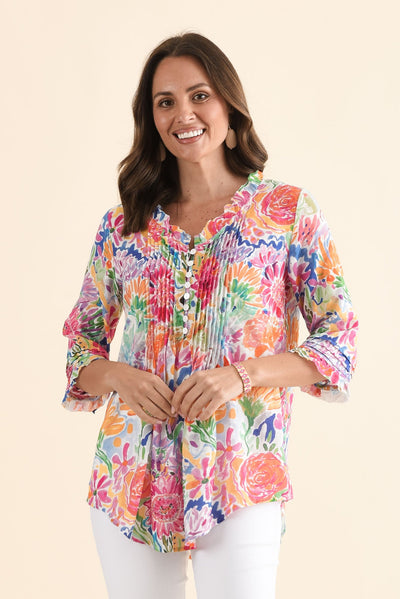 Angelo Pink Flower Cotton Button Top