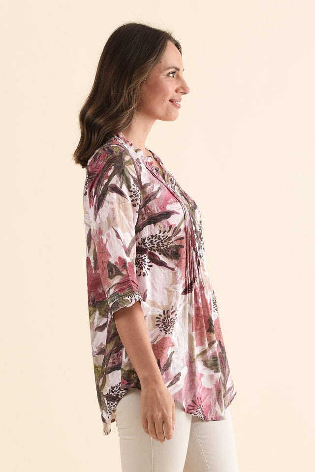 Angelo Taupe Floral Cotton Button Top,Side,Brunette model,alt text|model:MJ image 3