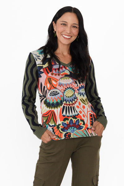 Anka Khaki Floral Organic Cotton Jumper