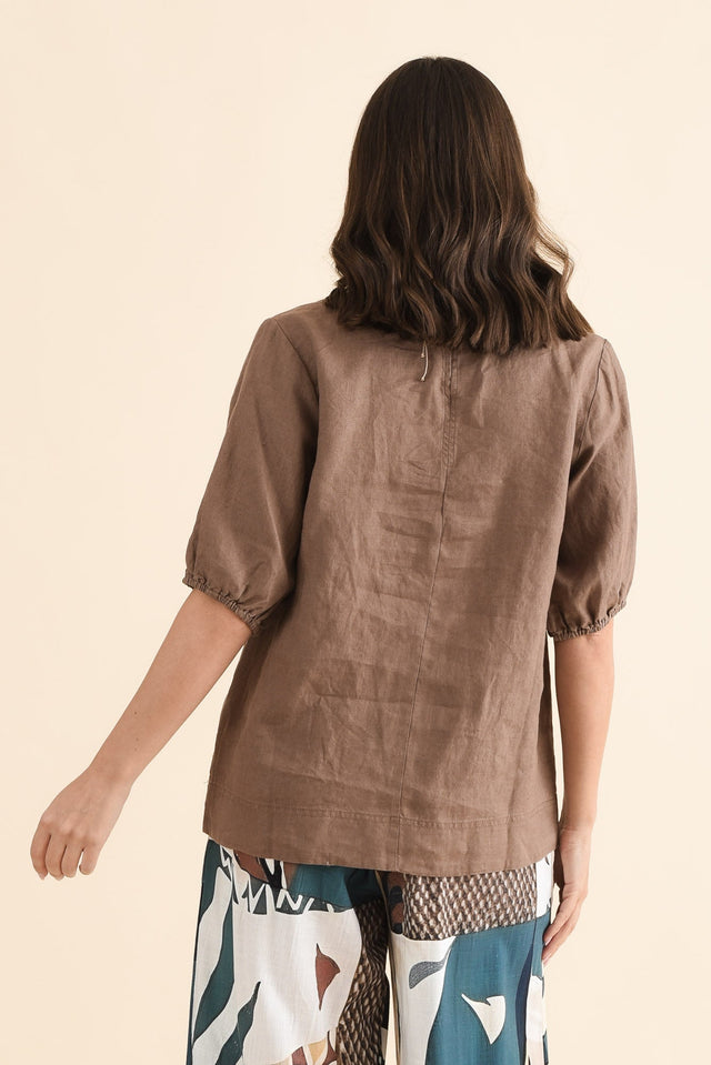 Anna Mocha Linen V Neck Top,Back,Brunette model,alt text|model:MJ image 4