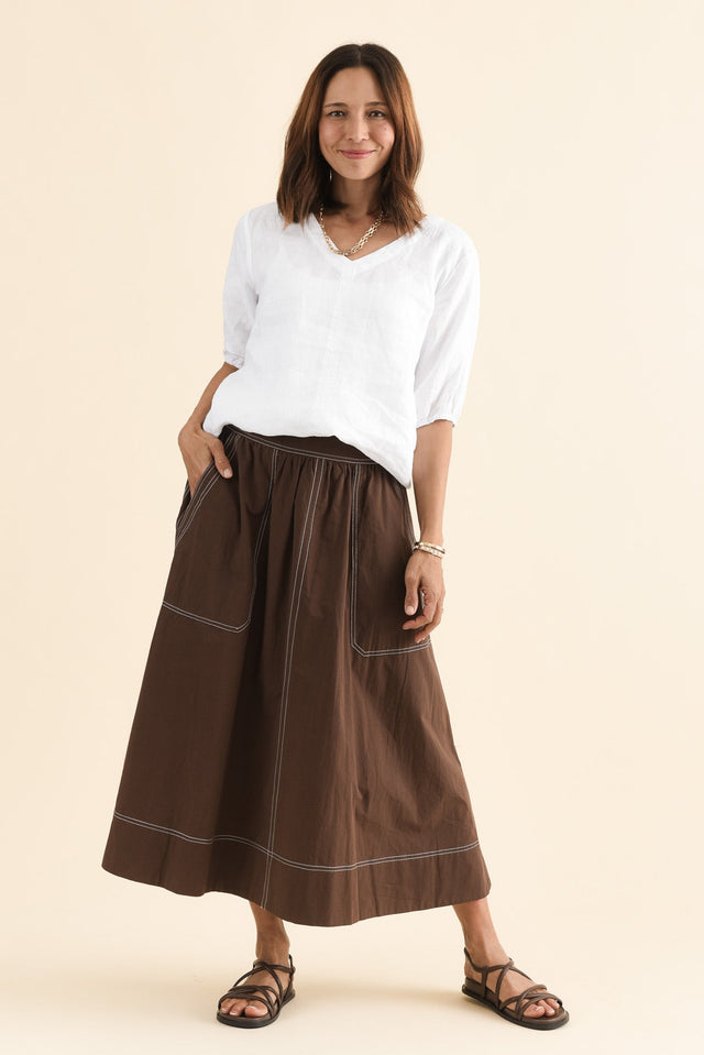 Marion Chocolate Contrast Cotton Skirt,Full Body,Brunette model,alt text|model:Cara image 6