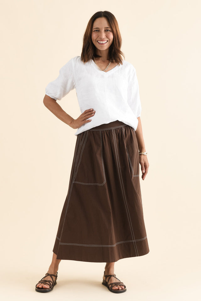 Marion Chocolate Contrast Cotton Skirt,Full Body,Brunette model,alt text|model:Cara