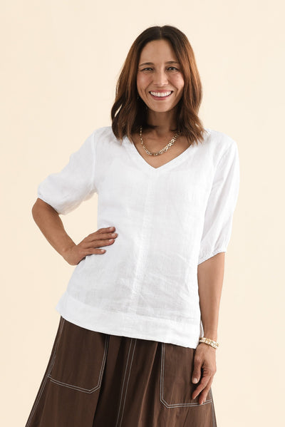 Anna White Linen V Neck Top