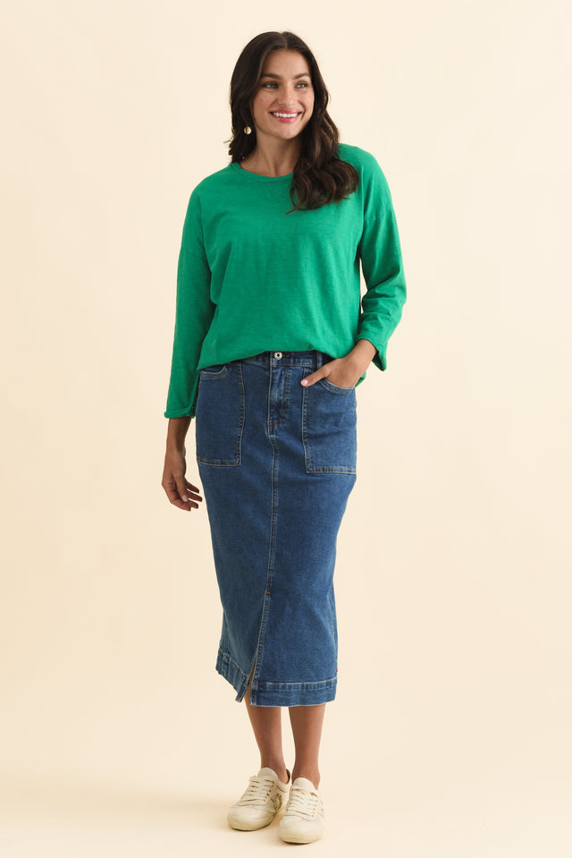 Attie Dark Blue Denim Stretch Midi Skirt,Brunette model,alt text|model:Brontie image 7