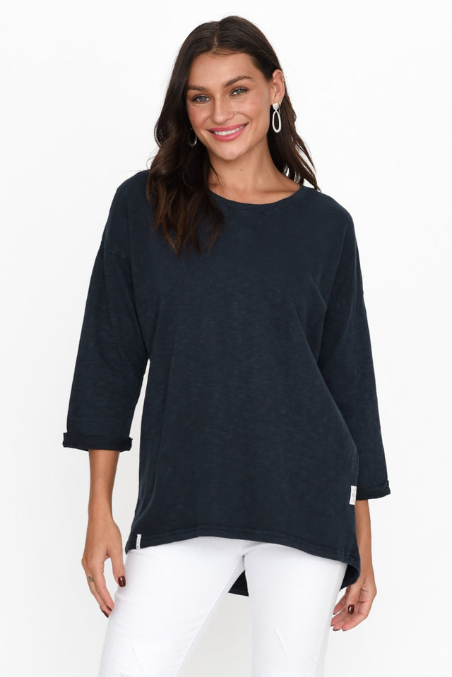 Annie Navy Cotton Top neckline_Round alt text|model:Brontie image 2