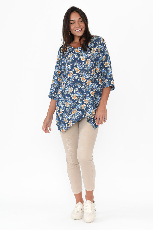 Anya Blue Botanical Linen Cotton Top