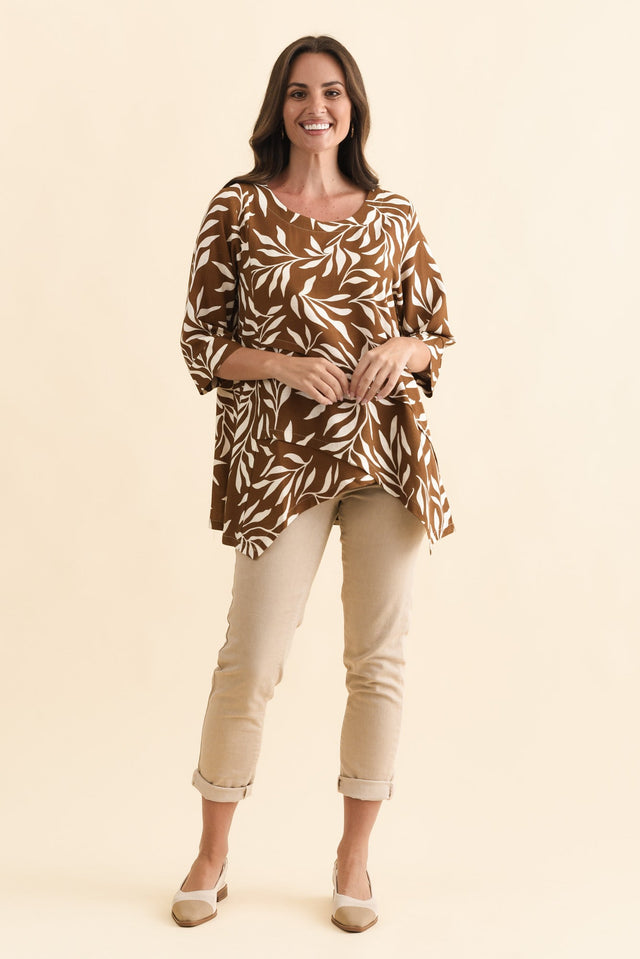 Anya Brown Leaf Linen Cotton Top,Brunette model,alt text|model:MJ image 8