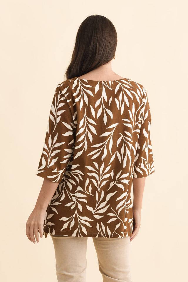 Anya Brown Leaf Linen Cotton Top,Brunette model,alt text|model:MJ image 6