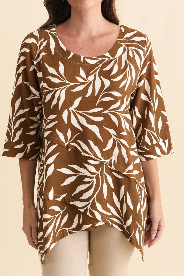 Anya Brown Leaf Linen Cotton Top,Brunette model,alt text|model:MJ image 7