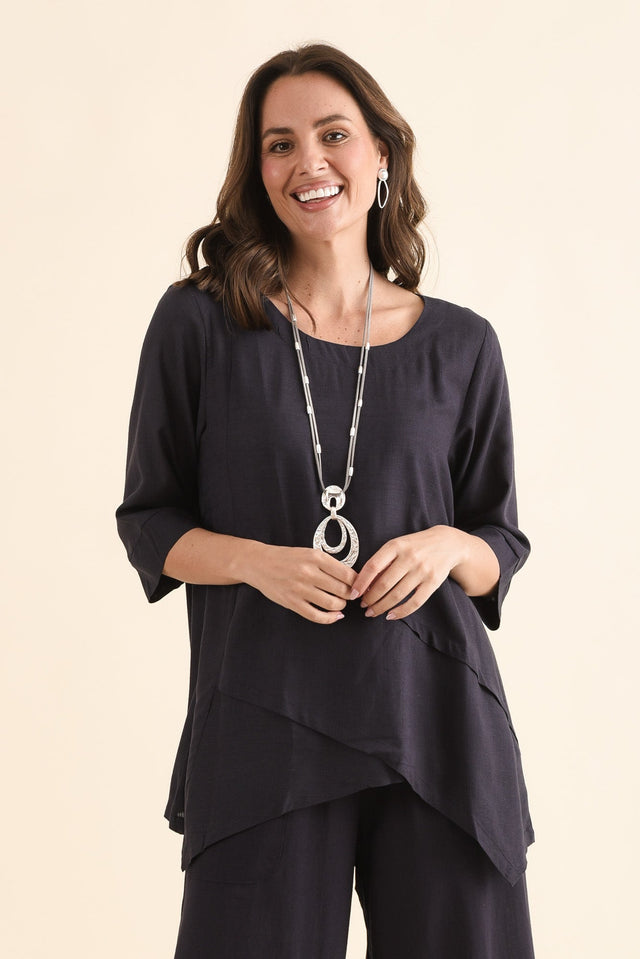 Anya Dark Blue Linen Cotton Top,Front,Brunette model,alt text|model:MJ